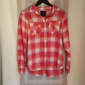 American Eagle Women's Size M Pink Plaid Cotton Button-Up Shirt Boyfriend